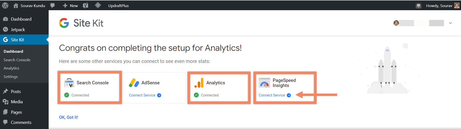 So verknüpfen Sie Google Site Kit und Google Analytics 4 Success Pagespeed