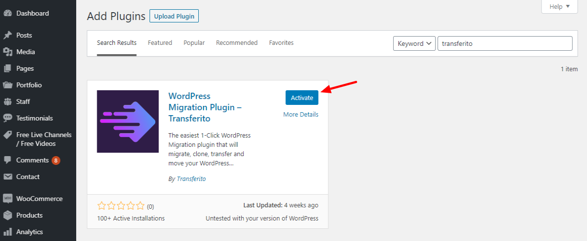 Aktivierung des Transferito WordPress Migration Plugins