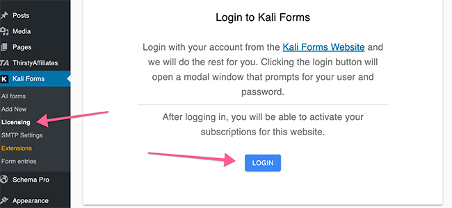 Melden Sie sich über die Lizenzierung bei Kali Forms an