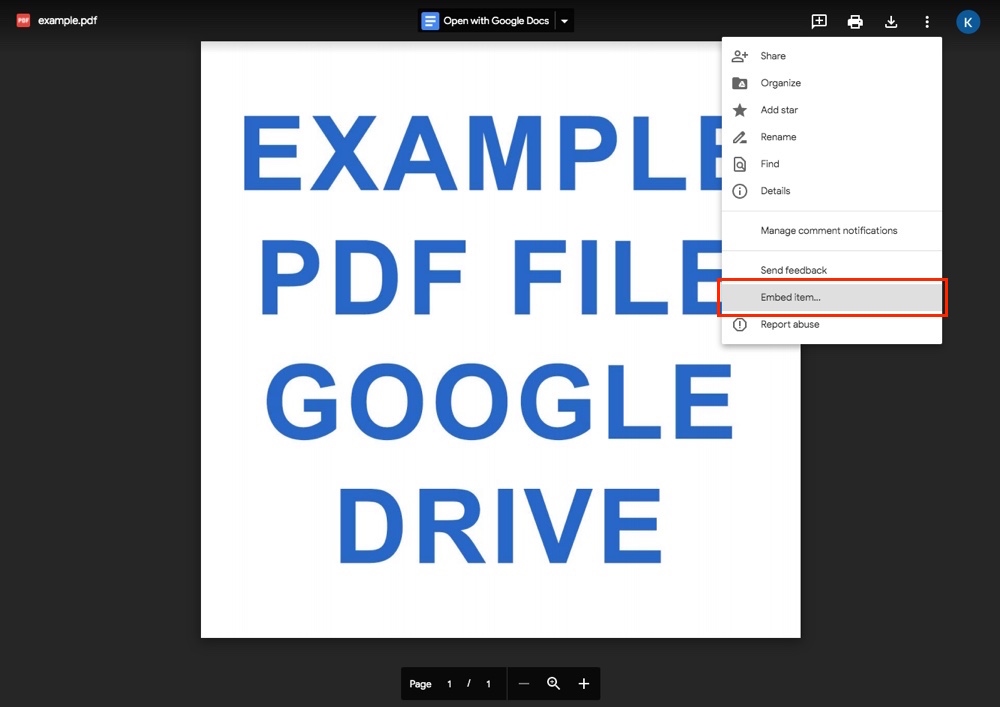 Google Drive: Einbettungsoption