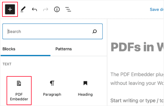 Fügen Sie einen PDF-Einbettungsblock hinzu