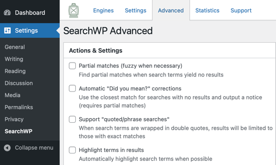 SearchWP Erweiterte Einstellungen