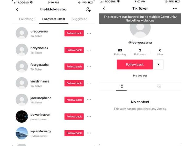 gefälschter TikTok-Account namens "Tik Toker" ohne Profilbild