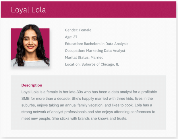 Loyale Lola 37-jährige kleine mittlere Unternehmen Datenanalystin Käuferpersönlichkeit