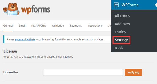 Eingabe Ihres WPForms-Lizenzschlüssels auf Ihrer Site