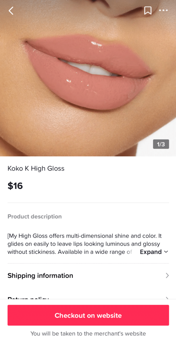 Produktseite des TikTok-Profils von Kylie Cosmetics mit "Kasse auf der Website" Taste