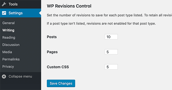 WP Revisions Control-Einstellungen