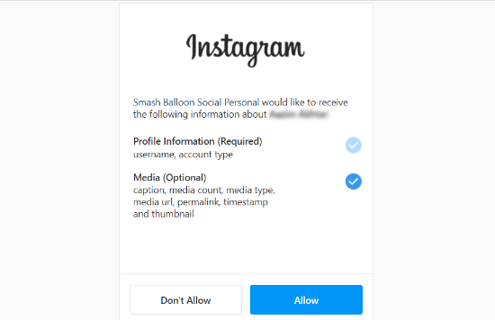 Erlaube Smash Balloon, auf das Instagram-Konto zuzugreifen