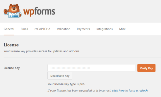 Eingabe Ihres Lizenzschlüssels für WPForms