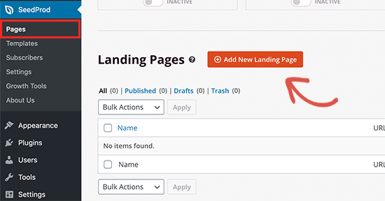 Erstellen einer neuen Landingpage
