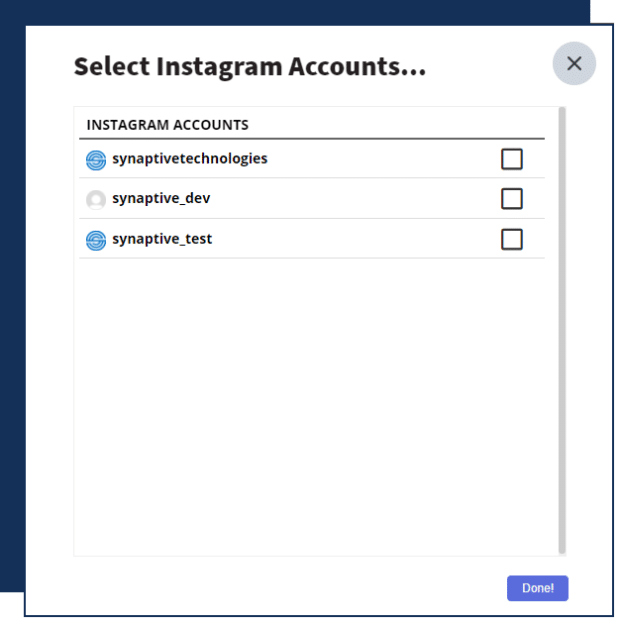 Auswählen von Instagram-Konten im Themelocal-Dashboard