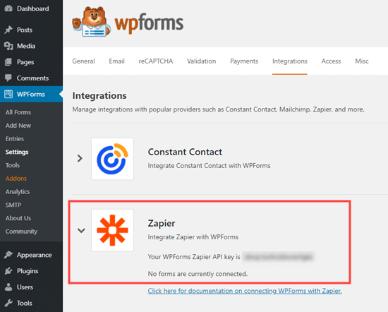 Abrufen des Zapier-API-Schlüssels von WPForms