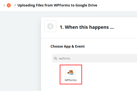 Auswahl der WPForms-App in Zapier