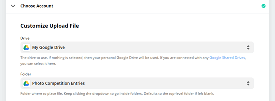 Wählen Sie das Google Drive aus, das Sie verwenden möchten, sowie den Ordner, in dem die hochgeladenen Dateien abgelegt werden