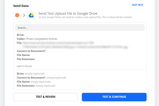 Senden der Testdatei an Google Drive mit Zapier