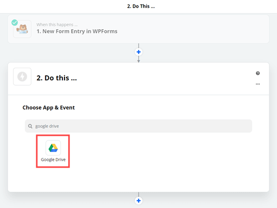 Wählen Sie die Google Drive-App als Aktion für den Zap