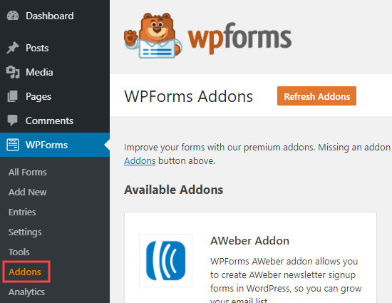 Die WPForms-Addons-Seite in Ihrem WordPress-Admin