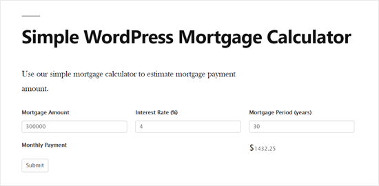 Einfache WordPress Hypothekenrechner Vorschau