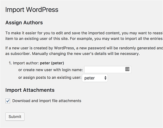 WordPress-Importeinstellungen