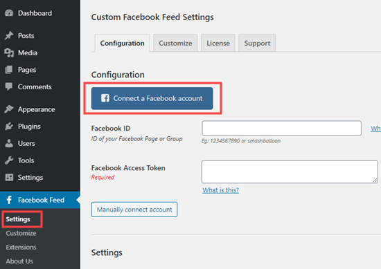 Verbinde dein Facebook-Konto mit dem benutzerdefinierten Facebook-Feed-Plugin