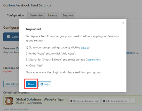 Klicken Sie im Popup auf die Schaltfläche Fertig, um mit der Einrichtung Ihres Facebook-Gruppenfeeds fortzufahren