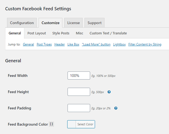 Die Anpassungsoptionen für das benutzerdefinierte Facebook-Feed-Plugin