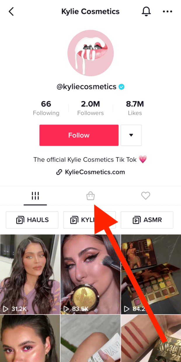Kylie Cosmetics-Profil auf TikTok mit Shopping-Tab
