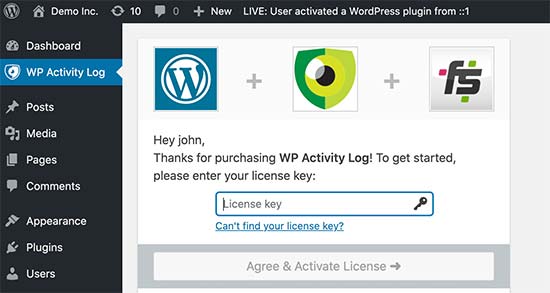 Lizenzschlüssel für WP Activity Log hinzufügen