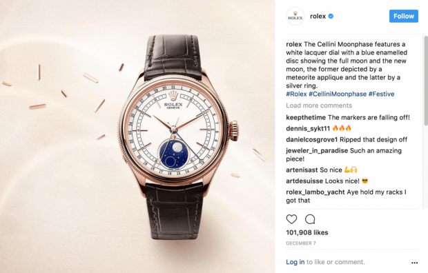 Rolex Instagram Post mit drei geschmackvoll ausgewählten Hashtags