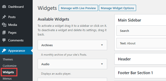 Der Widgets-Bereich des WordPress-Admin
