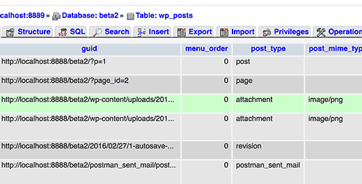 Datenbankeintrag für Anhang-Beitragstyp wie in phpMyAdmin . gesehen