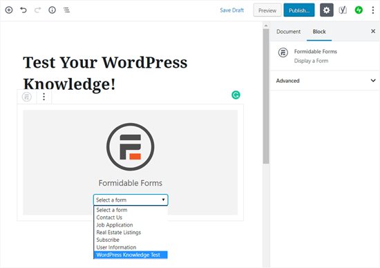Wählen Sie Ihr Quizformular-Widget in WordPress