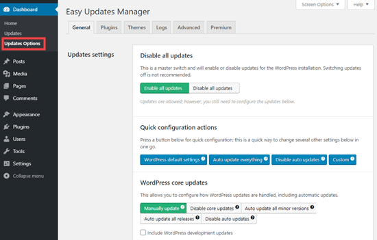 Konfigurieren der Einstellungen für das Easy Updates Manager-Plugin