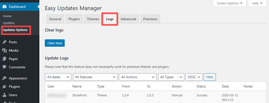 Die Registerkarte Protokolle des Easy Updates Manager-Plugins