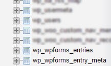 Die Tabellen wp_wpforms_entries und wp_wpforms_entry_meta, die in der phpMyAdmin-Liste angezeigt werden