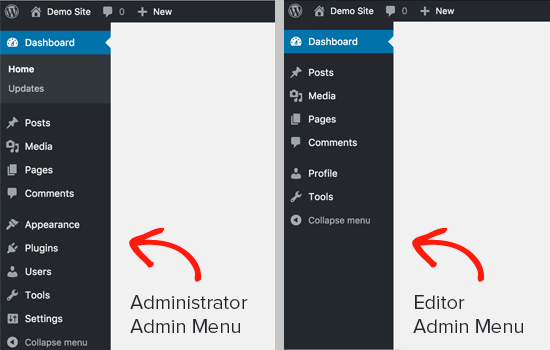 Administrator- vs. Editor-Dashboard in WordPress