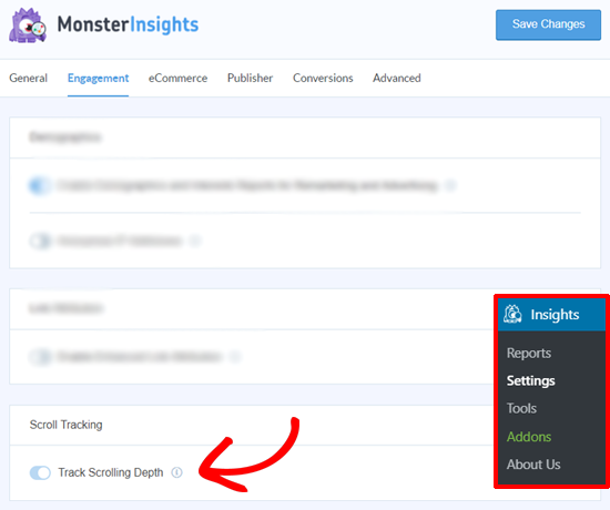 MonsterInsights Scrolltiefe-Tracking-Option