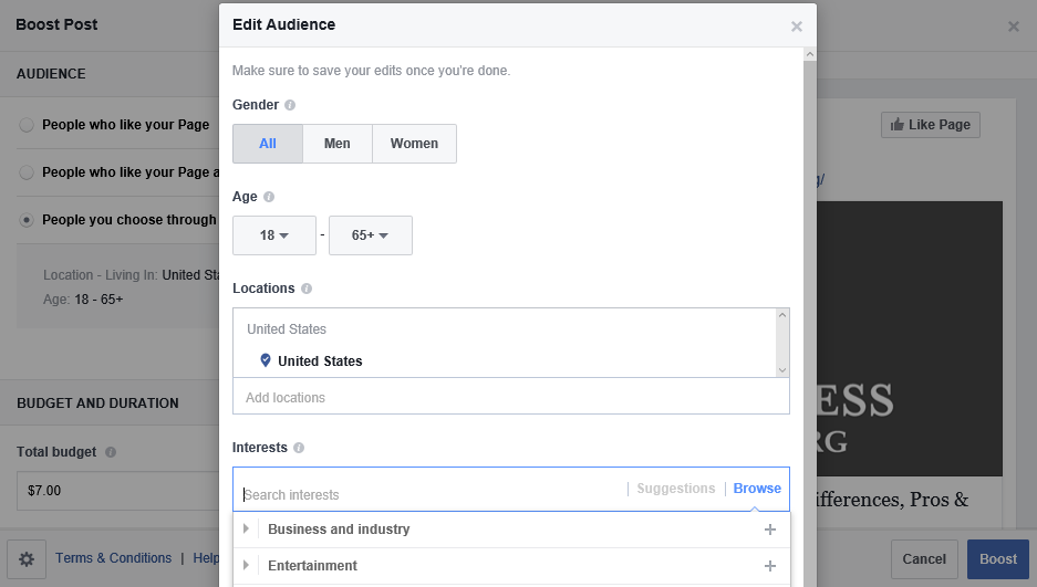 Bildschirm mit den Targeting-Optionen für Facebook-Werbung