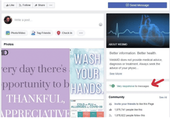 Abzeichen "Sehr reaktionsschnell auf Nachrichten" auf der Facebook-Seite von WebMD