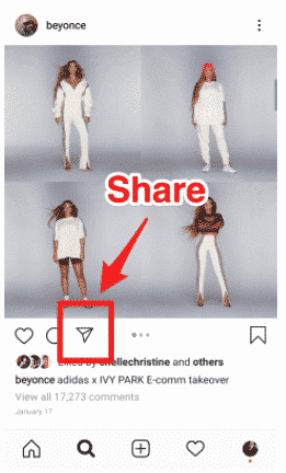 Share-Button am unteren Rand eines Instagram-Posts (Papierflieger-Symbol)