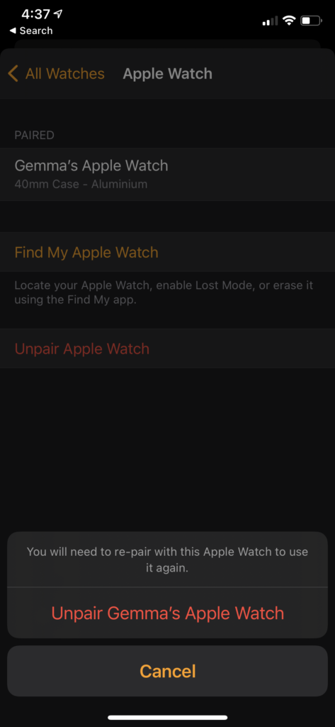 Apple Watch entkoppeln drücken Apple Watch entkoppeln