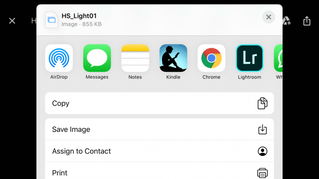HS_Light01.dng-Optionen auf dem Handy, die angezeigt werden: Kopieren, Bild speichern, Zu Kontakt zuweisen oder Drucken