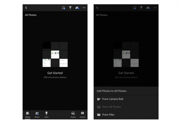 Lightroom-App-Bildschirm "Erste Schritte" mit Optionen zum Hinzufügen von Fotos "Aus Kamerarolle" oder "Aus Datei"