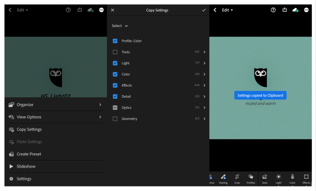 3 Bildschirme mit Schritten zum Kopieren von Einstellungen aus einer ausgewählten Instagram-Voreinstellung in der Lightroom-App