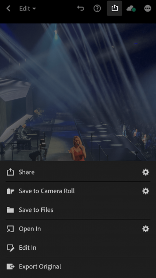 Endgültige Version von Celine Dion-Fotos in der Lightroom-App mit Optionen zum Teilen, Speichern in Kamerarolle oder Speichern in Dateien