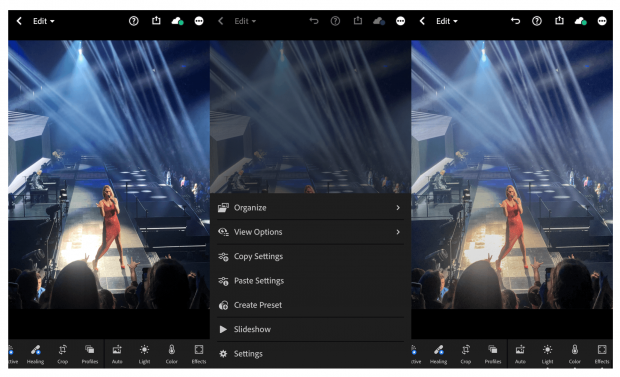 3 Bildschirme mit Schritten zum Anwenden der Instagram-Voreinstellung auf ein Foto von Céline Dion