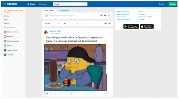 Homepage von Taringa!  zeigt ein Simpsons-Meme auf Spanisch