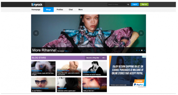 Skyrock-Homepage, das vorgestellte Bild ist von Rhianna mit den Bildern anderer Künstler darunter