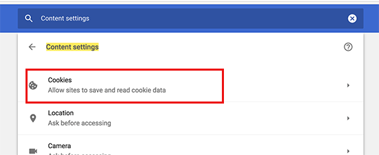 Abschnitt „Cookies“ in den Chrome-Einstellungen