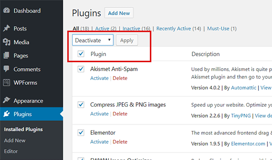 Alle WordPress-Plugins deaktivieren